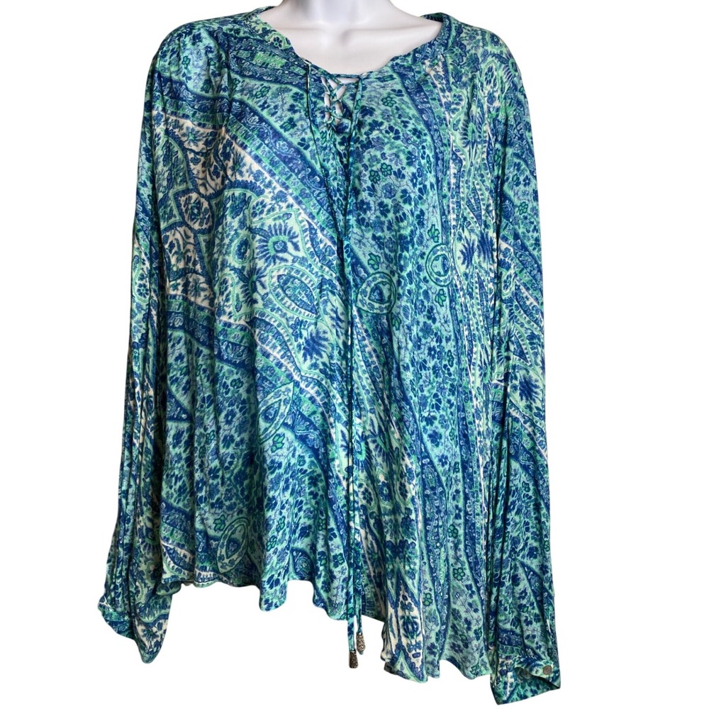 Nanette Lepore Womens Blue Green Paisley Tunic Top Sz 16 Flowy Boho Art To Wear